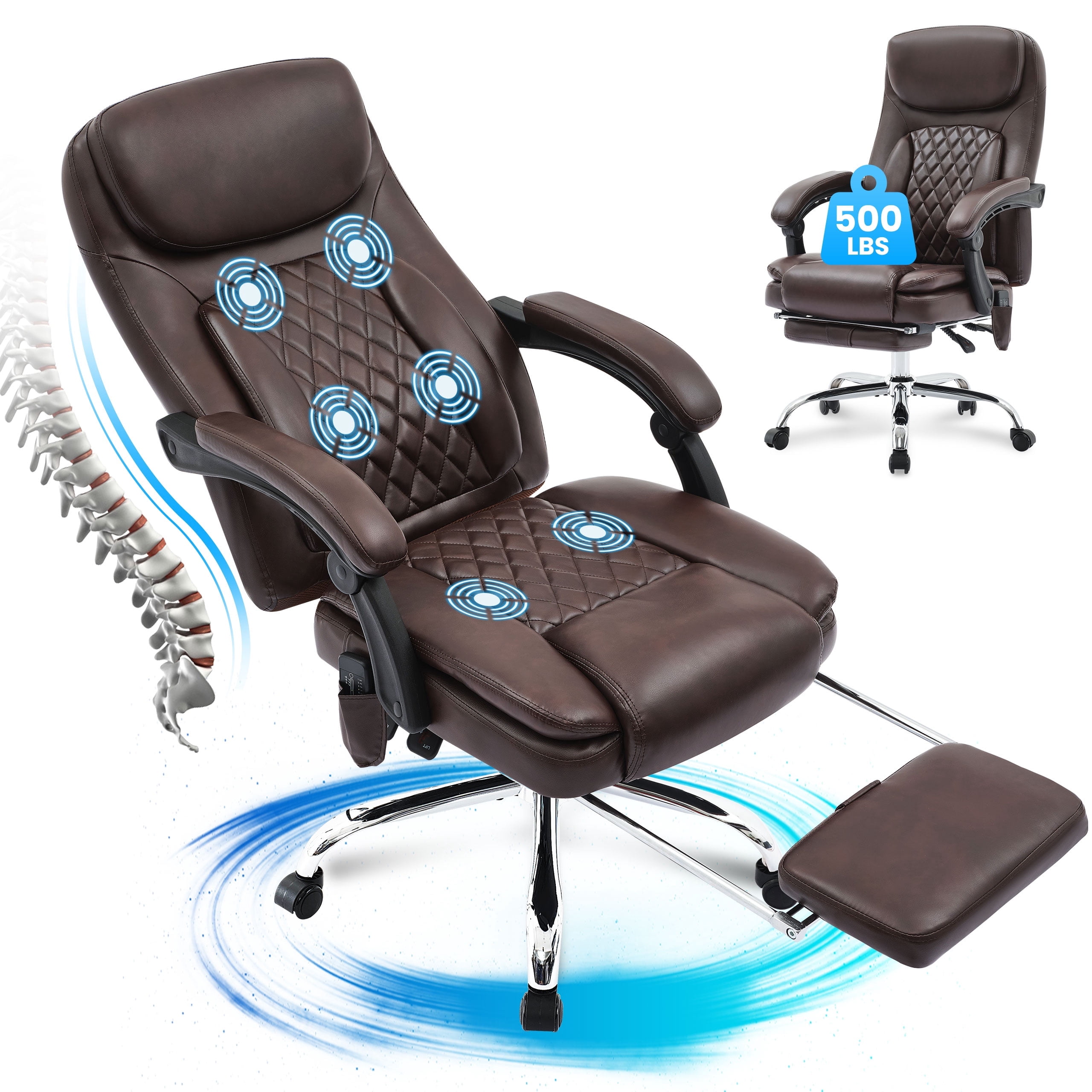 JONPONY Big and Tall Office Chair 500LBS Executive Office Chair Massage and Footrest Ergonomic Computer Desk Chair Reclining High Back Leather Office Chair Lumbar Back Support Swivel Rolling,Brown