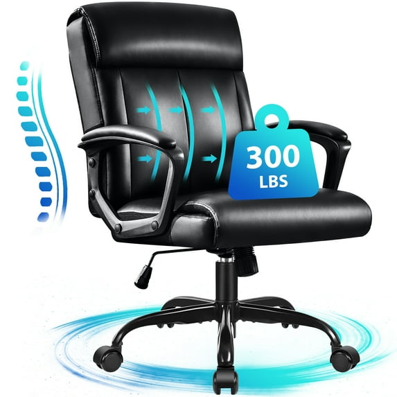 JONPONY Big and Tall Office Chair 300LBS Wide Seat Ergonomic Computer Desk Chair High Back Executive Leather Chair Adjustable Task Chair Lumbar Back Support 8 Hours Heavy Duty Design,Black