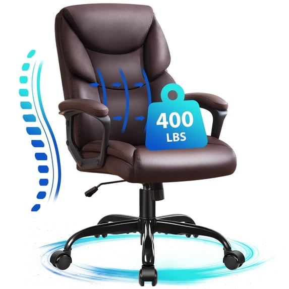 JONPONY Leather Office Chair, Big and Tall Office Chair 400LBS Wide Seat Ergonomic Computer Desk Chair High Back Executive Leather Chair Adjustable Task Chair, Brown
