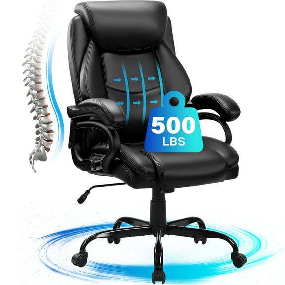 JONPONY Big and Tall Office Chair 500LBS Wide Seat Ergonomic Computer Desk Chair High Back Executive Leather Chair Adjustable Task Chair Lumbar Back Support 8 Hours Heavy Duty Design,Black