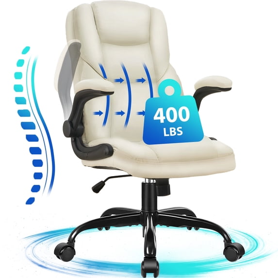 JONPONY Leather Office Chair, Big and Tall Office Chair 400LBS Wide Seat Ergonomic Computer Desk Chair High Back Executive Leather Chair Adjustable Task Chair Lumbar Back with 1-Year Warranty, White