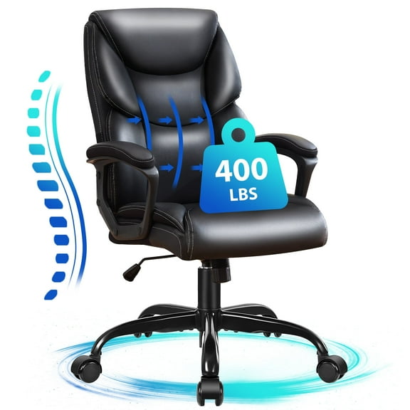 JONPONY Leather Office Chair, Big and Tall Office Chair 400LBS Wide Seat Ergonomic Computer Desk Chair High Back Executive Leather Chair Adjustable Task Chair, Black