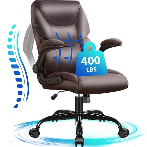 JONPONY Leather Office Chair, Big and Tall Office Chair 400LBS Wide Seat Ergonomic Computer Desk Chair High Back Executive Leather Chair Adjustable Task Chair, Brown