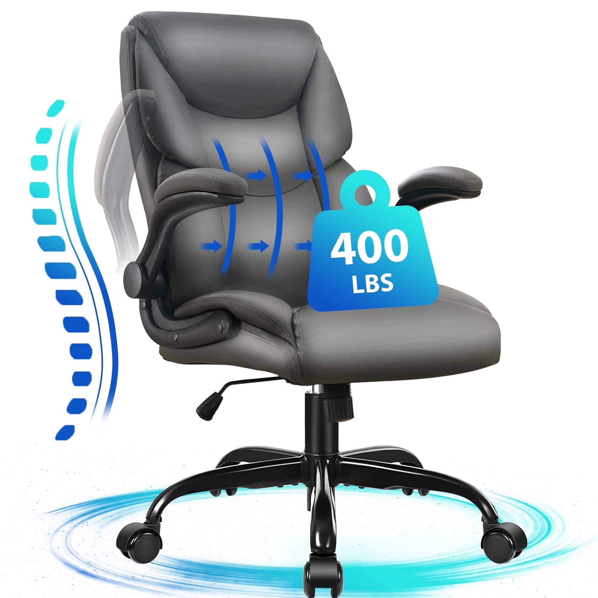 JONPONY Leather Office Chair, Big and Tall Office Chair 400LBS Wide Seat Ergonomic Computer Desk Chair High Back Executive Leather Chair Adjustable Task Chair, Grey