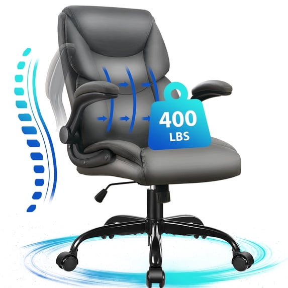 JONPONY Leather Office Chair, Big and Tall Office Chair 400LBS Wide Seat Ergonomic Computer Desk Chair High Back Executive Leather Chair Adjustable Task Chair, Grey