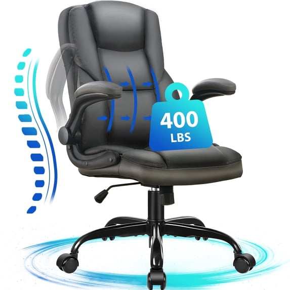 JONPONY Leather Office Chair, Big and Tall Office Chair 400LBS Wide Seat Ergonomic Computer Desk Chair High Back Executive Leather Chair Adjustable Task Chair Lumbar Back with 1-Year Warranty, Grey