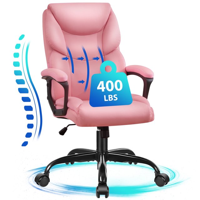 JONPONY Leather Office Chair, Big and Tall Office Chair 400LBS Wide Seat Ergonomic Computer Desk Chair High Back Executive Leather Chair Adjustable Task Chair, Pink