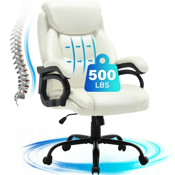 JONPONY Big and Tall Office Chair 500LBS Wide Seat Ergonomic Computer Desk Chair High Back Executive Leather Chair Adjustable Task Chair Lumbar Back Support 8 Hours Heavy Duty Design,White