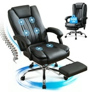 JONPONY Big and Tall Office Chair 500LBS Executive Office Chair Massage and Footrest Ergonomic Computer Desk Chair Reclining High Back Leather Office Chair Lumbar Back Support Swivel Rolling,Black
