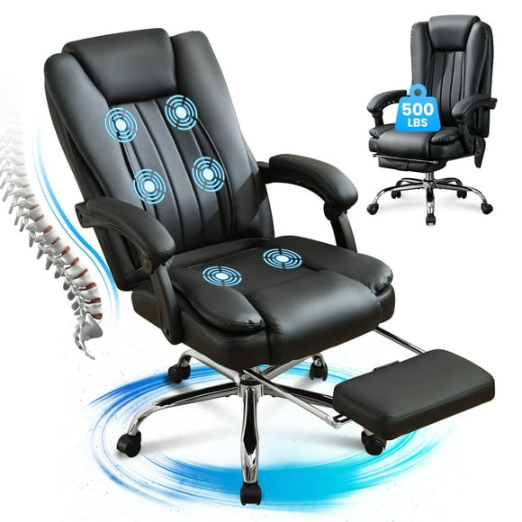 JONPONY Big and Tall Office Chair 500LBS Executive Office Chair Massage and Footrest Ergonomic Computer Desk Chair Reclining High Back Leather Office Chair Lumbar Back Support Swivel Rolling,Black