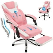 JONPONY Big and Tall Office Chair 400lbs, Executive Reclining Office Chairs with Footrest, High Back Home Office Chair Thick Padded Armrests, Ergonomic Adjustable Lumbar Support, PinkWhite