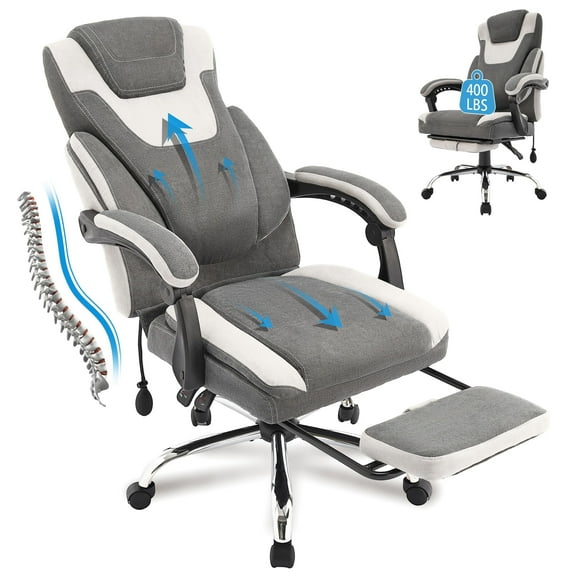 JONPONY Big and Tall Office Chair 400lbs, Executive Reclining Office Chairs with Footrest, High Back Home Office Chair Thick Padded Armrests, Ergonomic Adjustable Lumbar Support, LightGrey
