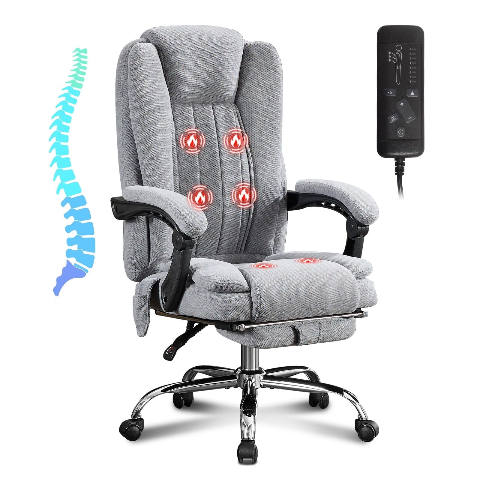 JONPONY Big and Tall Office Chair 500LBS Executive Office Chair Massage and Footrest Ergonomic Computer Desk Chair Reclining High Back Leather Office Chair Lumbar Back Support Swivel Rolling,Grey