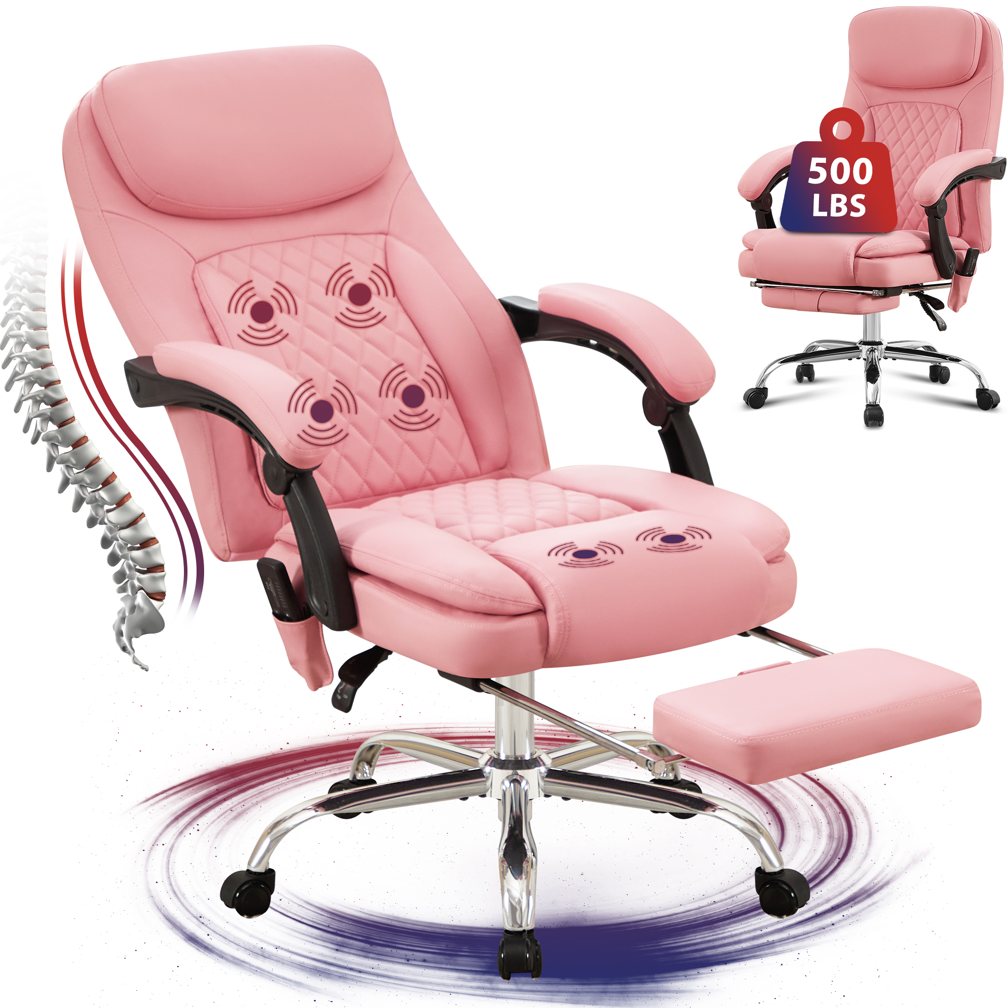 JONPONY Big and Tall Office Chair 500LBS Executive Office Chair Massage and Footrest Ergonomic Computer Desk Chair Reclining High Back Leather Office Chair Lumbar Back Support Swivel Rolling,Pink
