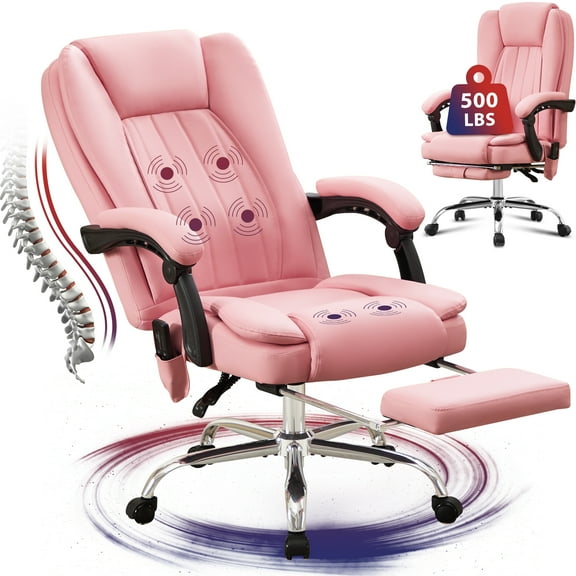 JONPONY Big and Tall Office Chair 500LBS Executive Office Chair Massage and Footrest Ergonomic Computer Desk Chair Reclining High Back Leather Office Chair Lumbar Back Support Swivel Rolling,Pink