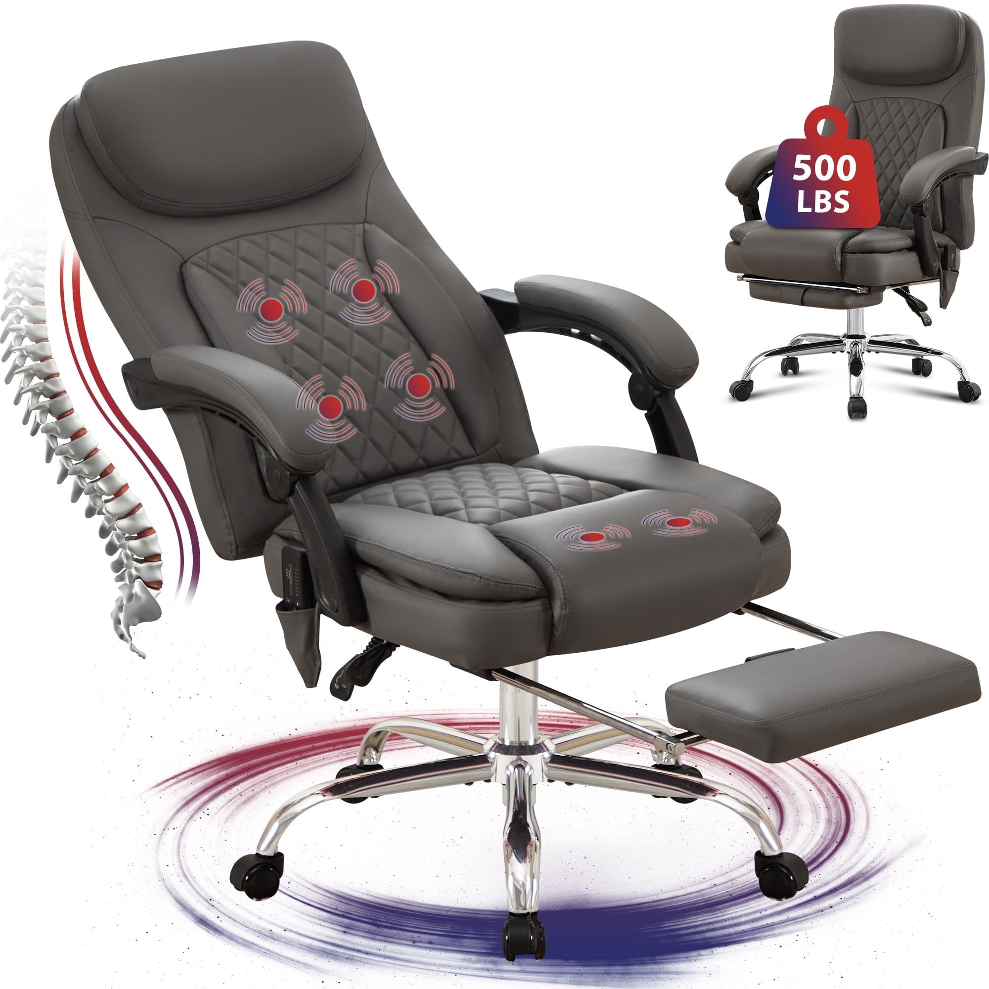 JONPONY Big and Tall Office Chair 500LBS Executive Office Chair Massage and Footrest Ergonomic Computer Desk Chair Reclining High Back Leather Office Chair Lumbar Back Support Swivel Rolling,Grey