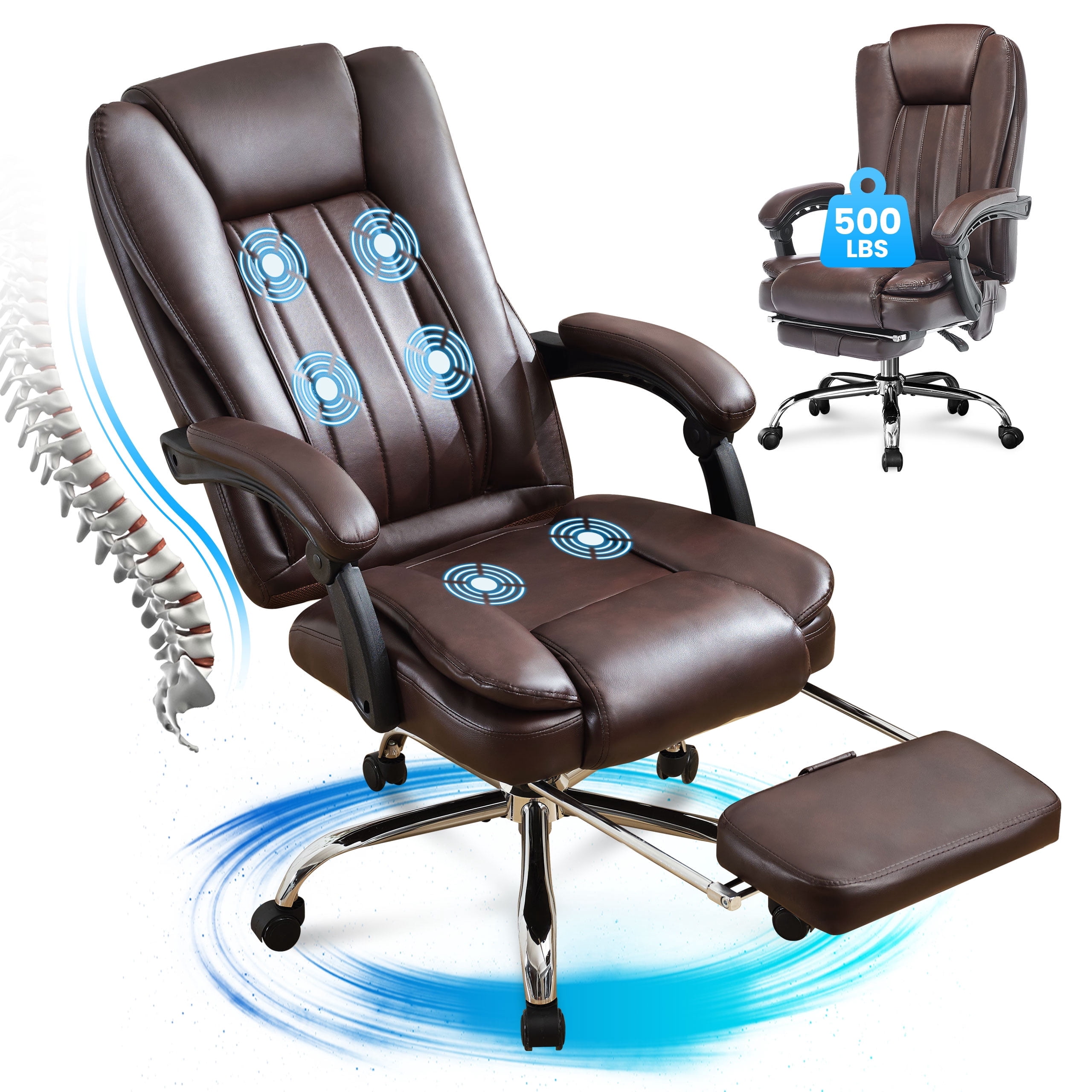 JONPONY Big and Tall Office Chair 500LBS Executive Office Chair Massage and Footrest Ergonomic Computer Desk Chair Reclining High Back Leather Office Chair Lumbar Back Support Swivel Rolling,Brown