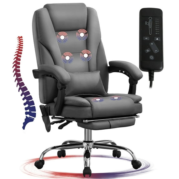 JONPONY Big and Tall Office Chair 500LBS Executive Office Chair Massage and Footrest Ergonomic Computer Desk Chair Reclining High Back Leather Office Chair Lumbar Back Support Swivel Rolling,Grey