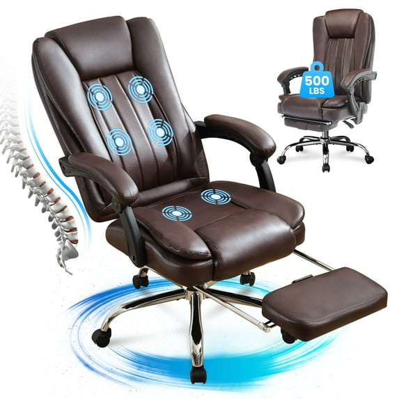 JONPONY Big and Tall Office Chair 500LBS Executive Office Chair Massage and Footrest Ergonomic Computer Desk Chair Reclining High Back Leather Office Chair Lumbar Back Support Swivel Rolling,Brown