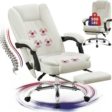 JONPONY Big and Tall Office Chair 500LBS Executive Office Chair Massage and Footrest Ergonomic Computer Desk Chair Reclining High Back Leather Office Chair Lumbar Back Support Swivel Rolling,White