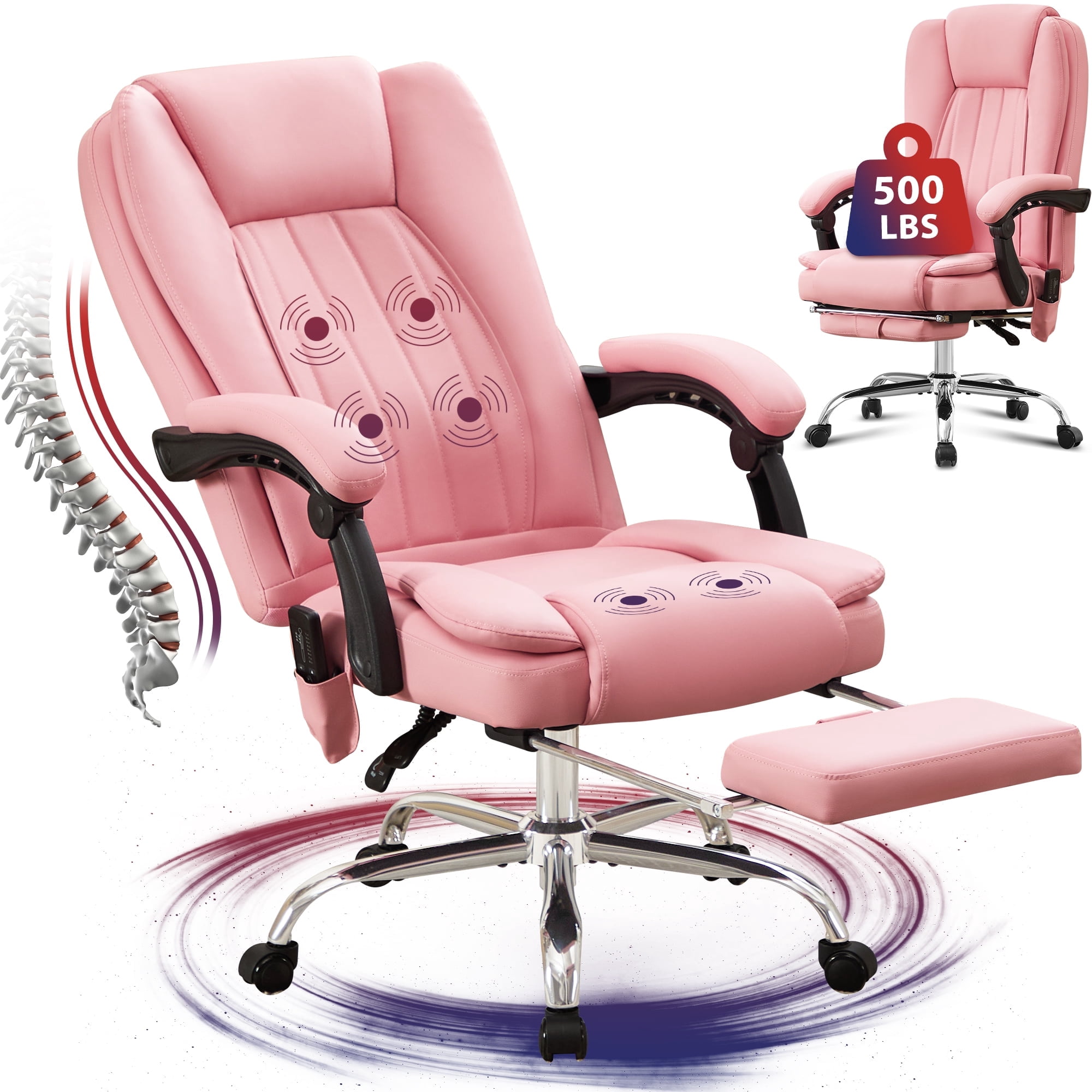 JONPONY Big and Tall Office Chair 500LBS Executive Office Chair Massage and Footrest Ergonomic Computer Desk Chair Reclining High Back Leather Office Chair Lumbar Back Support Swivel Rolling,Pink
