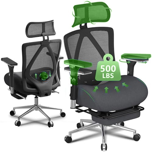 JONPONY Big and Tall Office Chair with Footrest, Ergonomic Mesh Office Chair with Thicken Wide Cushion, 4D Armrest, Adjustable Lumbar Support & Headrest, Grey