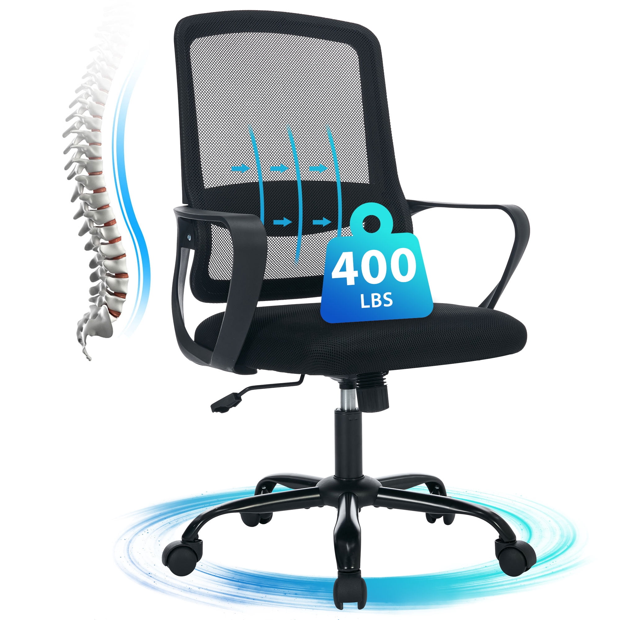 JONPONY Big and Tall Office Chair 400LBS Ergonomic Office Chair with Lumbar Support, Adjustable Armrest and Headrest Mesh Chair,8 Hours Heavy Duty Design,Black