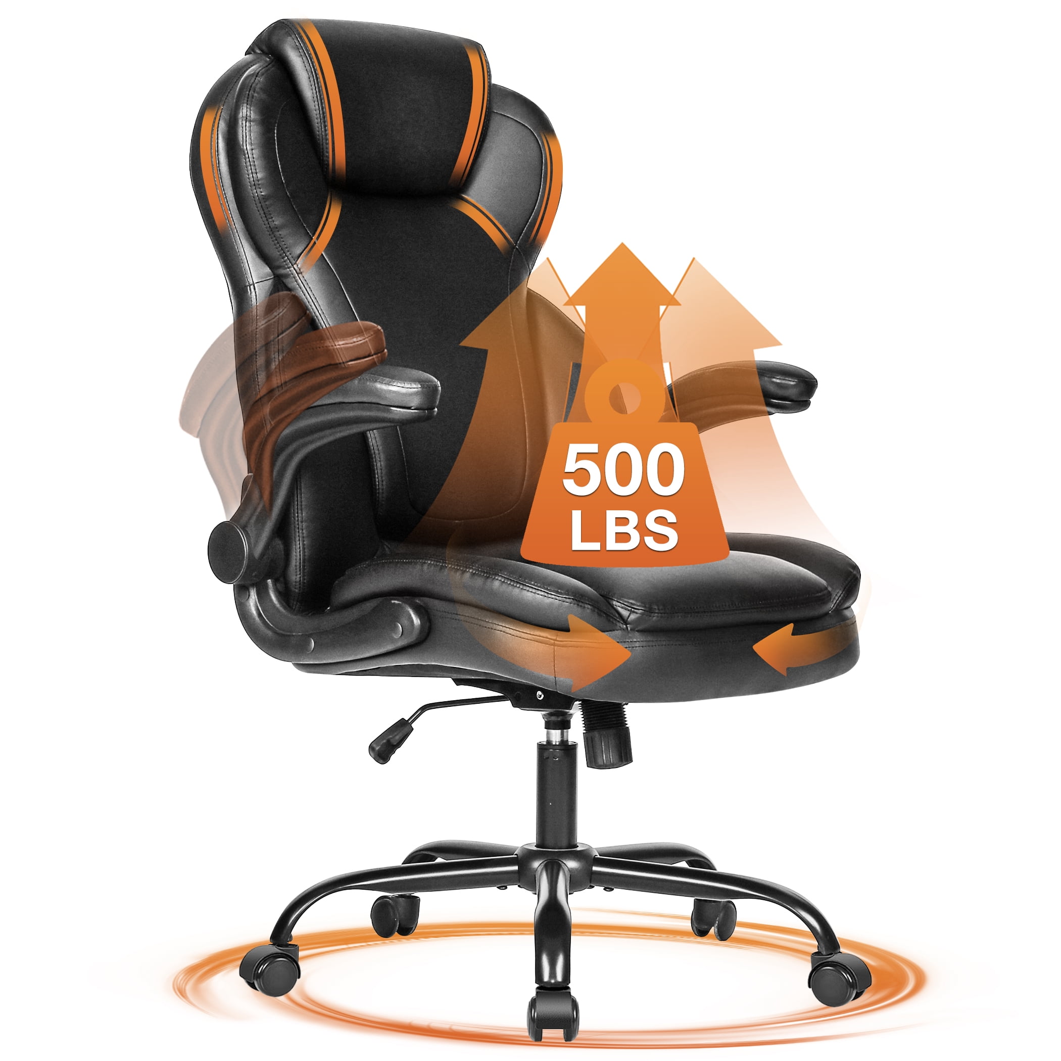 JONPONY 500lbs Big and Tall Office Chair Capacity, Ergonomic PU Leather High Back Executive Office Chair with Tilt, Rock Tension Adjustment, Extra Wide Seat, Padded Armrests, Black
