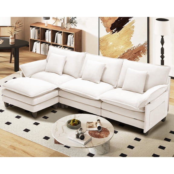 JONPONY Comfy Cloud Couch with Movable Ottoman, Modular Sectional Sofa, 106" L Shaped Modern Sofa with Pillows, Deep Seat Couches for Living Room, Bedroom and Apartment, Beige
