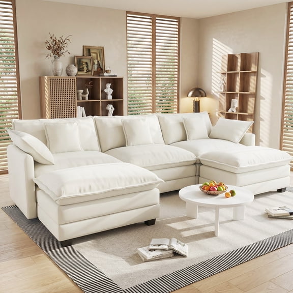 JONPONY Comfy Cloud Couch with Movable Ottoman, Modular Sectional Sofa, 106" L Shaped Modern Sofa with Pillows, Deep Seat Couches for Living Room, Bedroom and Apartment, Beige