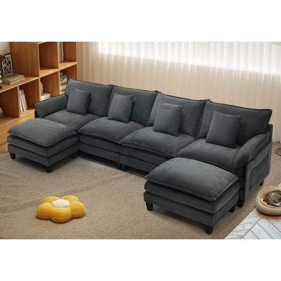 JONPONY Comfy Cloud Couch with Movable Ottoman, Modular Sectional Sofa, 106" L Shaped Modern Sofa with Pillows, Deep Seat Couches for Living Room, Bedroom and Apartment, Grey