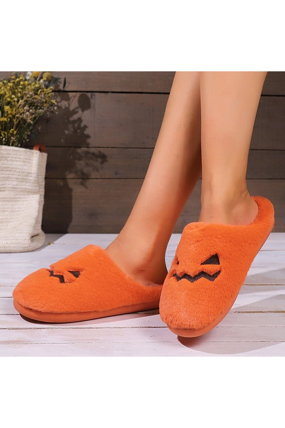 Cute Pumpkin Slippers Winter Warm Plush Bedroom Floor Home Slippers Casual Slip On Comfortable Cozy Indoor House Shoes