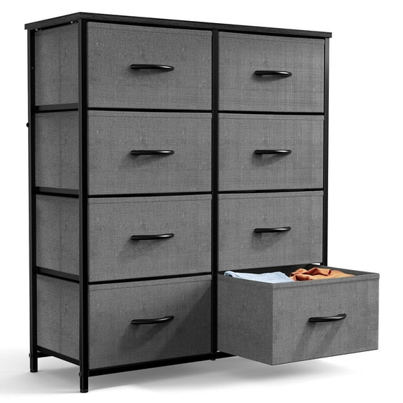 JONPONY Dresser for Bedroom with 8 Drawers, Tall Fabric Storage Tower, Chest of Drawers with Wood Top, Sturdy Steel Frame for Closet, Living Room, Entryway, Gray