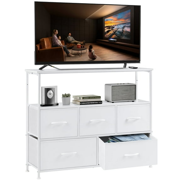 JONPONY Dresser TV Stand with 5 Fabric Drawers, Open Shelf Storage Unit for Bedroom, Living Room, Entertainment Center, Fits TV up to 45 Inch, Adjustable Feet, White