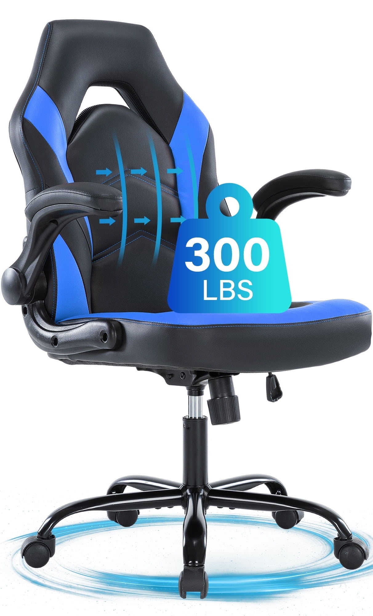 JONPONY Ergonomic Gaming Desk Chair - Adjustable PU Leather Swivel Racing Chair with Flip-up Armrests for Home Office and Entertainment, Perfect for Adults, Kids, and Gamers, Black Blue