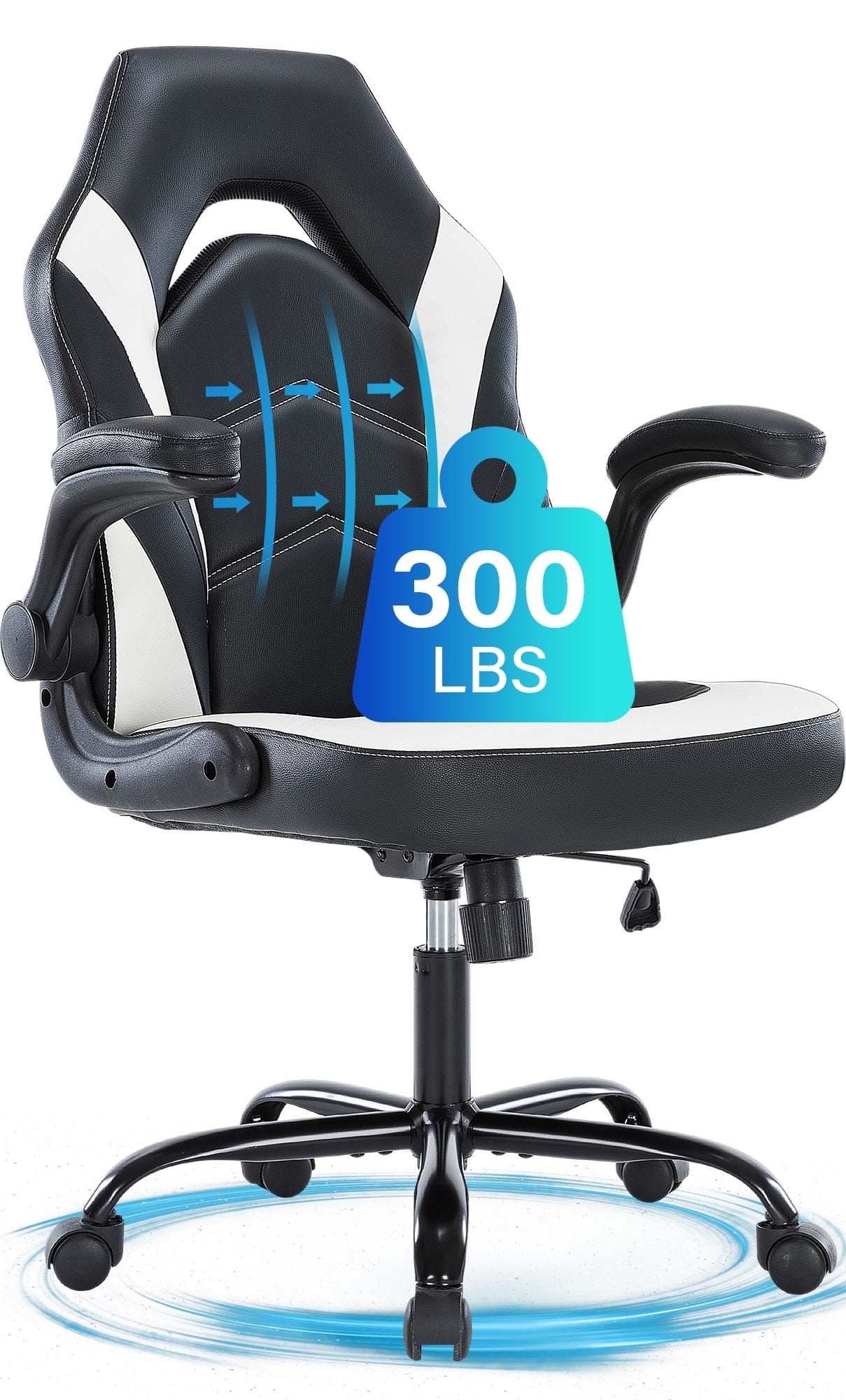 JONPONY Ergonomic Gaming Desk Chair - Adjustable PU Leather Swivel Racing Chair with Flip-up Armrests for Home Office and Entertainment, Perfect for Adults, Kids, and Gamers, Black White