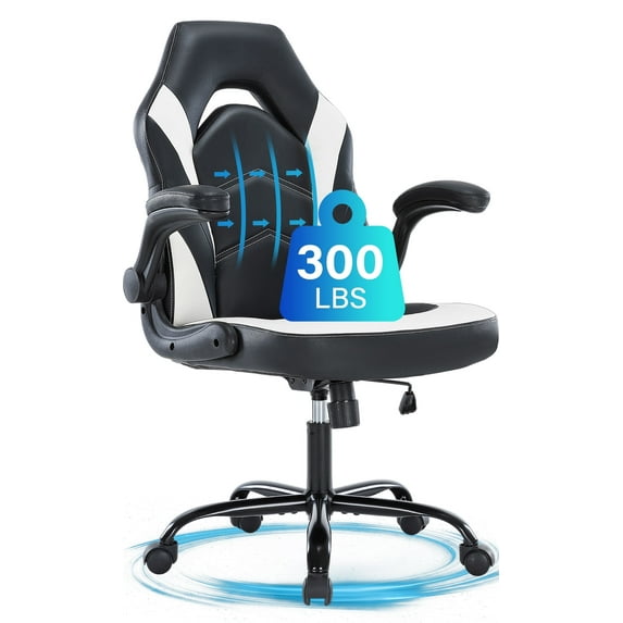 JONPONY Ergonomic Gaming Desk Chair - Adjustable PU Leather Swivel Racing Chair with Flip-up Armrests for Home Office and Entertainment, Perfect for Adults, Kids, and Gamers, Black White