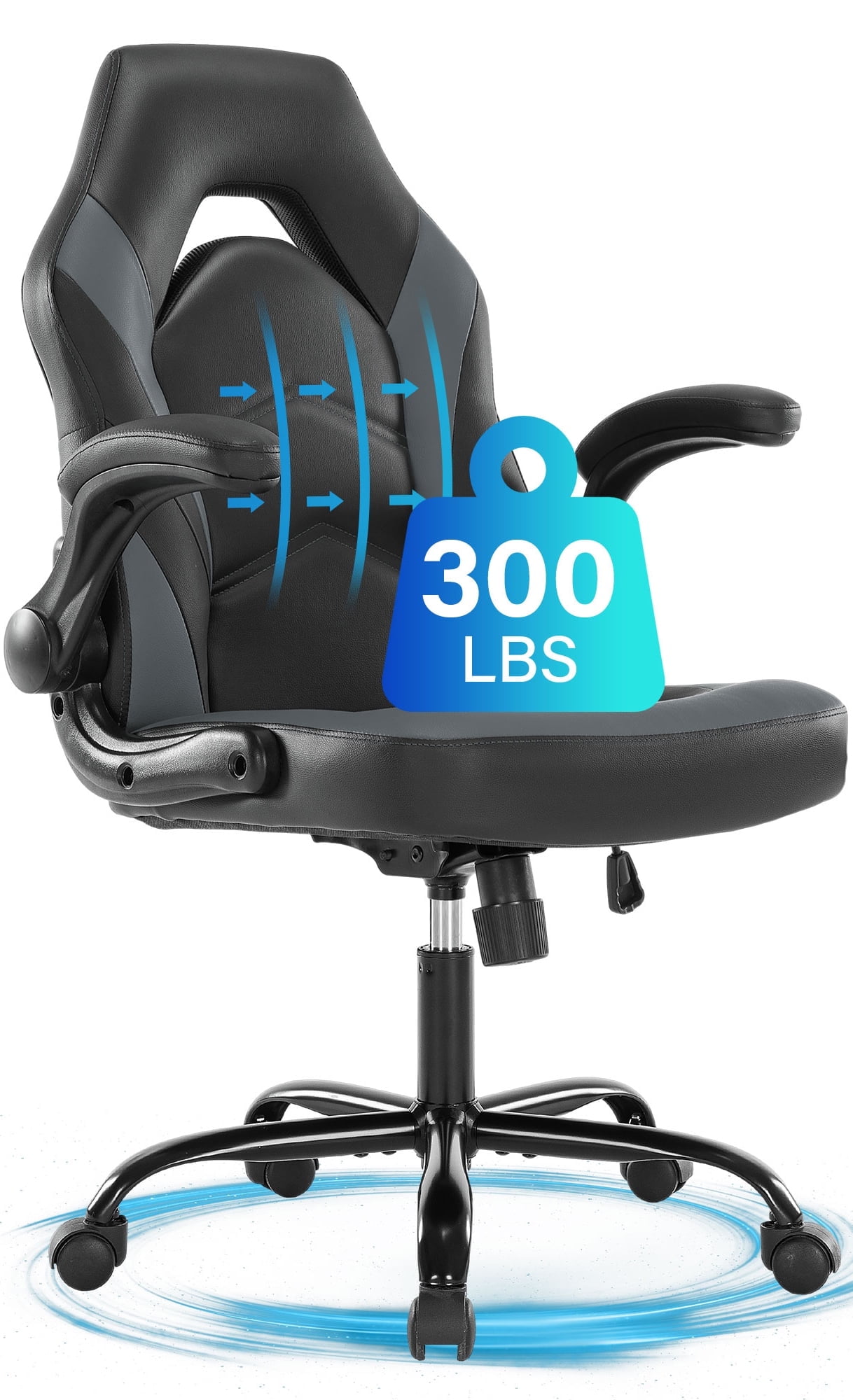 JONPONY Ergonomic Gaming Desk Chair - Adjustable PU Leather Swivel Racing Chair with Flip-up Armrests for Home Office and Entertainment, Perfect for Adults, Kids, and Gamers, Black Grey