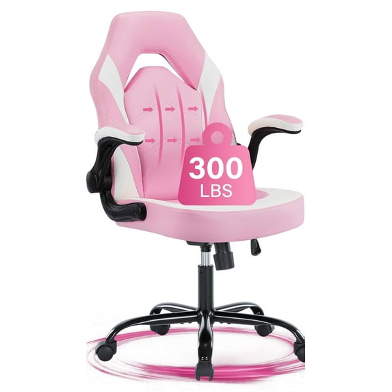 JONPONY Ergonomic Gaming Desk Chair - Adjustable PU Leather Swivel Racing Chair with Flip-up Armrests for Home Office and Entertainment, Perfect for Adults, Kids, and Gamers, Pink White