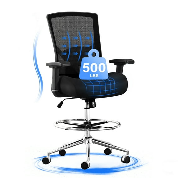 JONPONY 500LBS Drafting Chair, Heavy Duty Office Chair with Adjustable Lumbar Support & Footrest Ring, Comfy Extra Deep Thicken Cushion, Breathable Mesh Standing High Desk Chair with 4D Armrests