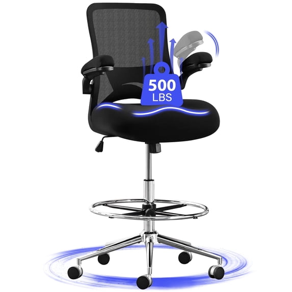 JONPONY Tall Drafting Chair for Standing Desk with Flip-up Armrests, Pressure Locking Casters, W-Shape Thicken Cushion, Breathable Mesh Extended Height Office Chairs,Black