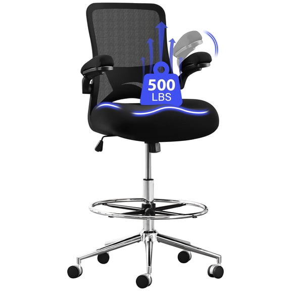 JONPONY 500lbs Tall Drafting Chair for Standing Desk with Flip-up Armrests, Pressure Locking Casters, W-Shape Thicken Cushion, Breathable Mesh Extended Height Office Chairs,Black