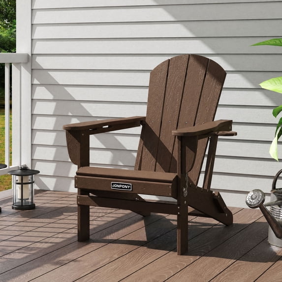 JONPONY Folding Adirondack Chair - HDPE All-Weather Outdoor Chairs, Patio Chairs Outdoor Wood Like Adirondack Chair for Backyard, Camping, Pool & Fire Pit,Brown