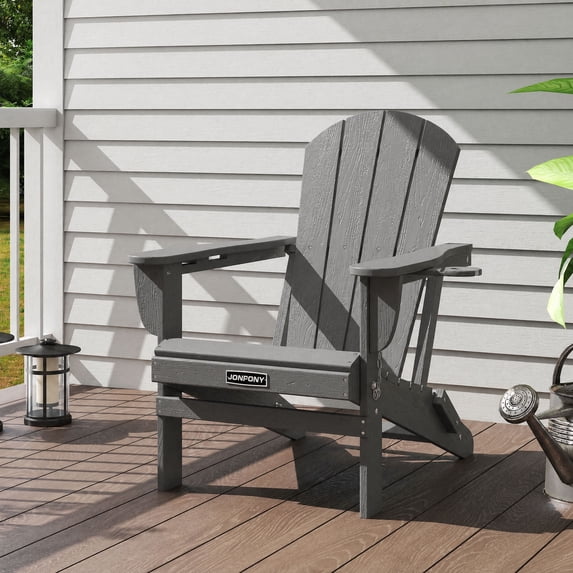 JONPONY Folding Adirondack Chair - HDPE All-Weather Outdoor Chairs, Patio Chairs Outdoor Wood Like Adirondack Chair for Backyard, Camping, Pool & Fire Pit,Grey