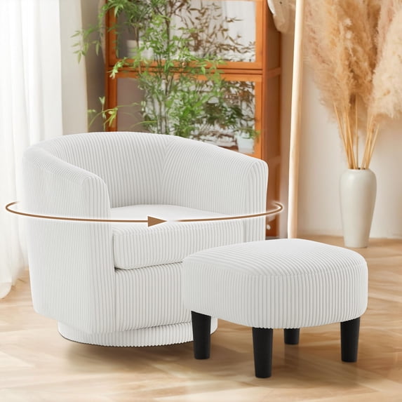 JONPONY Swivel Accent Chair 360°Comfy Recliner Corduroy Accent Club Armchair Single Sofa with Ottoman for Living Room,White