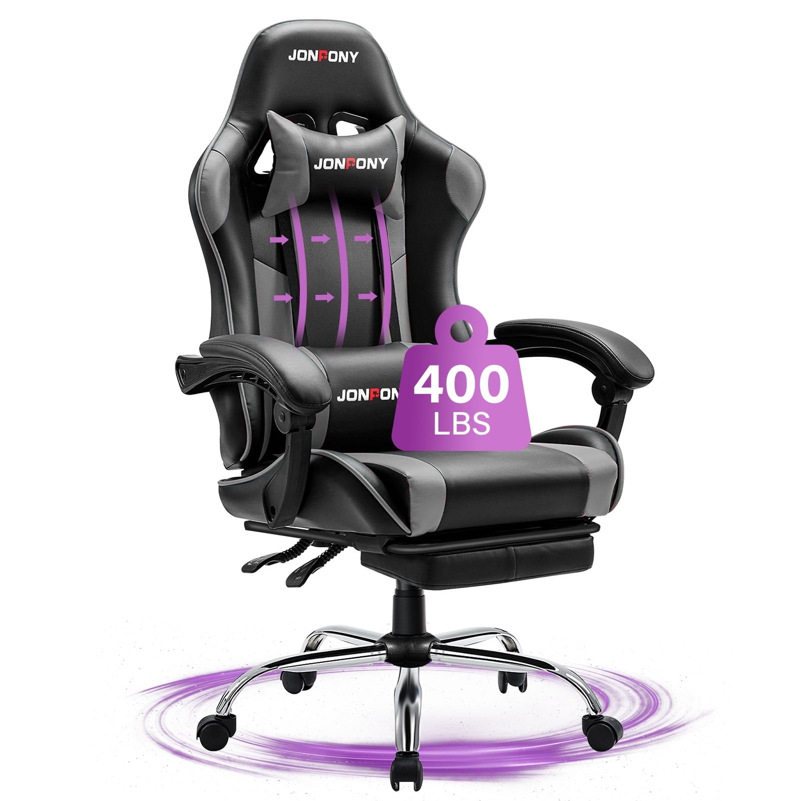 JONPONY Big and Tall 400LBS Gaming Chair, Ergonomic Design, Gamer Chair PU Leather with Footrest and Lumbar Support, High Back Office Chair Support 8 Hours Long Sitting, Computer Chair,Black Grey