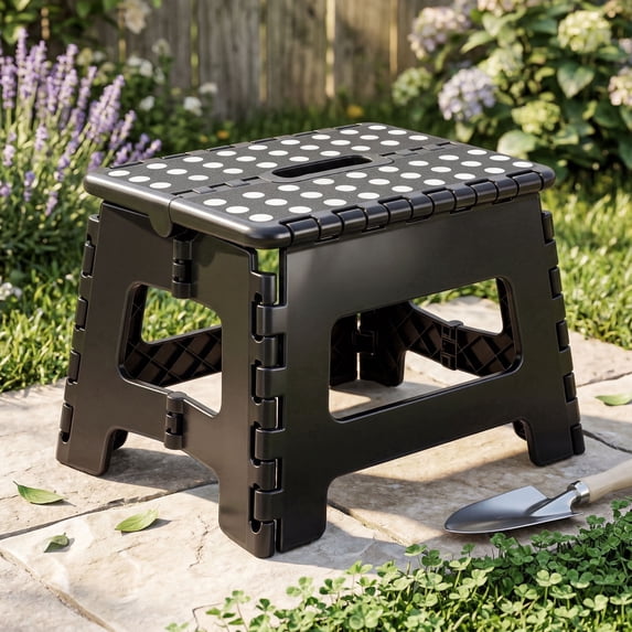 JONPONY Folding Step Stool 9 Inch 300 lb Capacity, Plastic Foldable Step Stools for Adults, Folding Stools Suitable for Kitchen, Stepping Stool with Handle BLACK 1PC