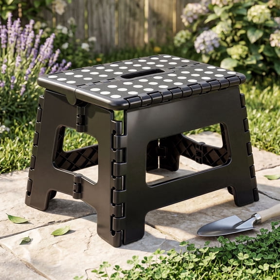 JONPONY Folding Step Stool 9 Inch 300 lb Capacity, Plastic Foldable Step Stools for Adults, Folding Stools Suitable for Kitchen, Stepping Stool with Handle BLACK 1PC