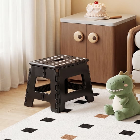 JONPONY Folding Step Stool 9 Inch - Holds 300 lbs, Non-Slip Surface & Carry Handle Compact Foldable Foot Stool for Adults, Bathroom, Bedroom,Black