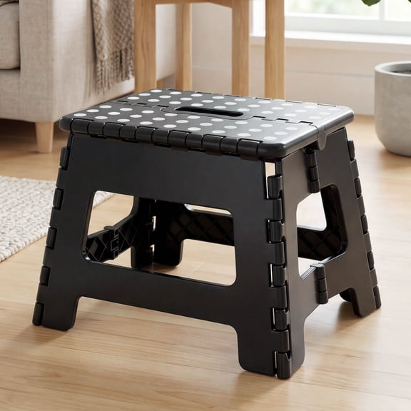 JONPONY Folding Step Stool, 9 inch Non-Slip Foldable Stools Up to 300 LBS, Step Stool with Handle, Lightweight for Kitchen, Bathroom, Bedroom, Garden, Black, 1PC